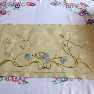 Antique Tray Cloth Exquisite Crewel Work Embroidered Art Nouveau Raised Florals