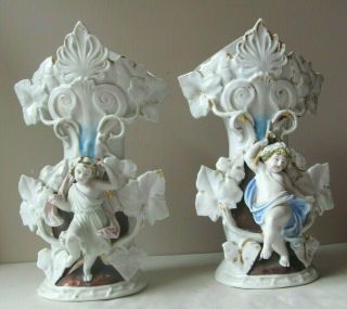 Pair Antique 19th Century Old Paris French Porcelain Mantle Vases Cherubs Putti