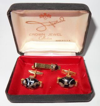 Vintage Imperial Crown Jewel Cufflinks Tie Clasp Black Brown Gold Tone