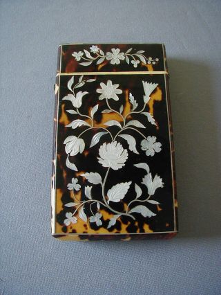 Antique Tortoise Shell Card Case With Mother Of Pearl And Silver