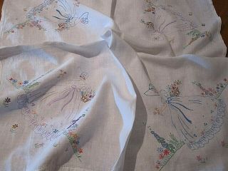 Lovely Vintage Hand Embroidered Linen Tablecloth Crinoline Ladies