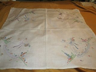 LOVELY VINTAGE HAND EMBROIDERED LINEN TABLECLOTH CRINOLINE LADIES 4