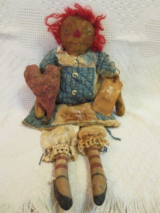 Primitive Raggedy Ann Rag Doll Annie W/quilted Dress & Folk Art Heart Pillow