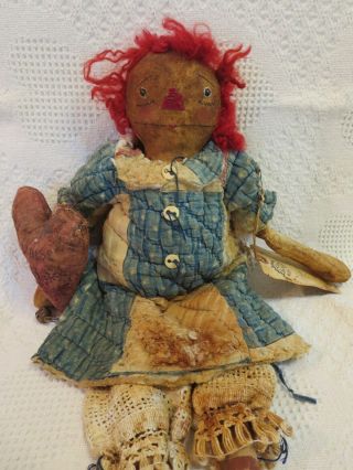 Primitive Raggedy Ann Rag Doll Annie w/Quilted Dress & Folk Art Heart Pillow 7