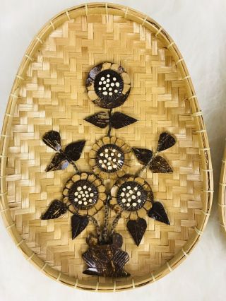 Vintage Wicker Rattan Boho Woven Wall Hanging Baskets Sunflower Floral Art Set 2