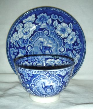 Antique Blue & White Pearl Ware Tea Bowl & Saucer - Deer & Wildflowers 77