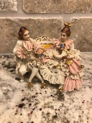 Antique Dresden Germany Lace Lady Man Couple On Bench Menuett Figurine