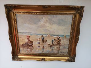 Antique Impressionist Oil Painting Figures Playing On The Beach Signed & Framed