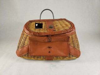 Vintage Fishing Creel Wicker & Leather 1950s British Hong Kong Fish Basket Decor