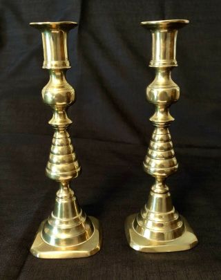 Antique Vintage Solid Brass Pair Candlestick England Pushup 9 " Beehive Victorian