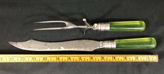 Antique Serving Fork And Knife With Vaseline Glass Handles Uranium Glass Kitchen