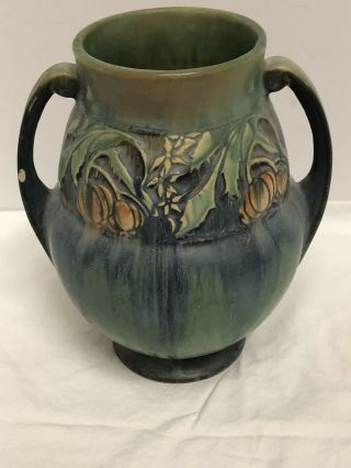 Antique Roseville Green & Drippy Blue Baneda Art Pottery Flower Pumpkin Vase