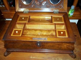 ANTIQUE 1800s BURL VENEER JEWELRY BOX - ANTIQUE FOOTED JEWELRY BOX 3