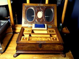 ANTIQUE 1800s BURL VENEER JEWELRY BOX - ANTIQUE FOOTED JEWELRY BOX 6