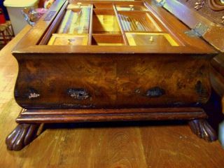 ANTIQUE 1800s BURL VENEER JEWELRY BOX - ANTIQUE FOOTED JEWELRY BOX 8