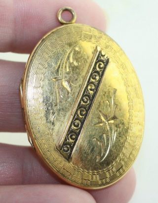 Antique Vintage Yellow Gold Filled Large Oval Photo Memory Locket Etched Pendant