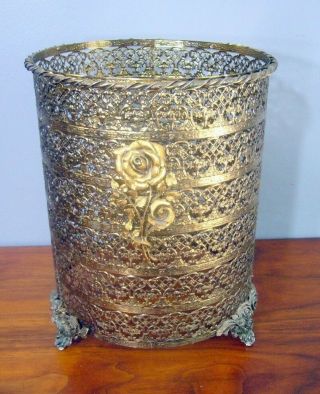 Vintage Ornate Gold Filigree Metal Trash Can Wastebasket Holder Covering Rose