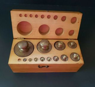 Antique Set Of Metric Brass Scale Weights In Wooden Hinged Box,  12 Weights