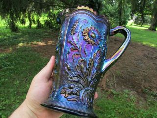 Imperial Field Flower Antique Carnival Glass Water Pitcher Purple Spectacular