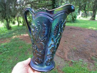 Imperial FIELD FLOWER ANTIQUE CARNIVAL GLASS WATER PITCHER PURPLE SPECTACULAR 5