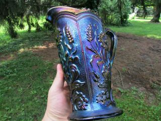 Imperial FIELD FLOWER ANTIQUE CARNIVAL GLASS WATER PITCHER PURPLE SPECTACULAR 7