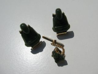 Vintage Hand Carved Green Jade Figural Buddha Cuff Links Tie Tac Set