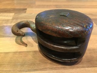 Vintage Wooden Ships Double Pulley Block With Hook Maritime Marine Nautical Boat