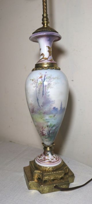 antique hand painted Sevres porcelain ornate gilt brass electric table urn lamp 10