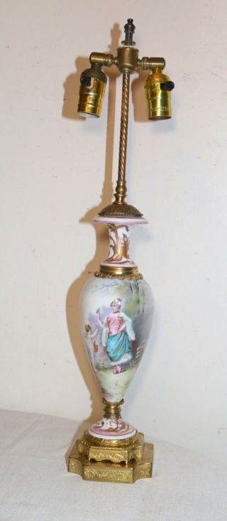 antique hand painted Sevres porcelain ornate gilt brass electric table urn lamp 5