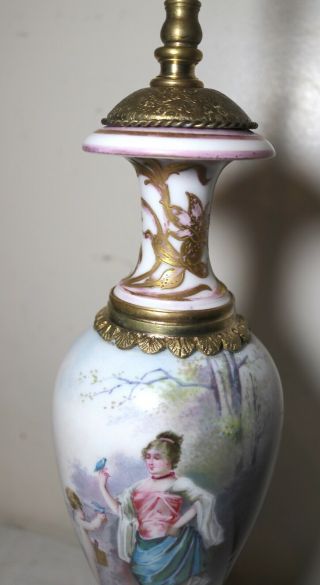 antique hand painted Sevres porcelain ornate gilt brass electric table urn lamp 8