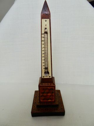 Antique 1800s Rosewood Tunbridge Ware Obelisk Desk Thermometer Tumbling Blocks