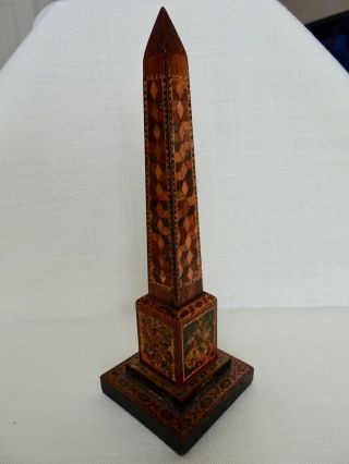 Antique 1800s Rosewood Tunbridge Ware Obelisk Desk Thermometer Tumbling Blocks 2