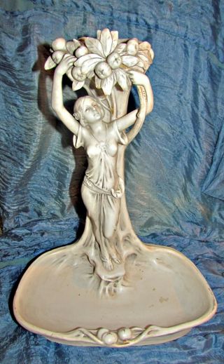 Antique Large Art Nouveau Royal Dux Bohemia Vase & Dish Goddess W Fruit & Leaves