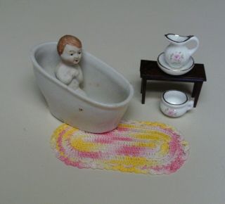 Vintage Bisque Bath Tub And Baby Doll Plus Made In Japan
