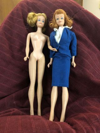 2 Vintage Barbie Dolls Midge Straight Leg Blond / Red 1960’s?