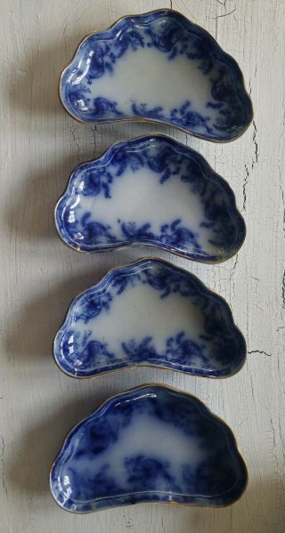 4 Antique W&e Corn Ayr Flow Blue England 6 " Reniform Bone Dishes