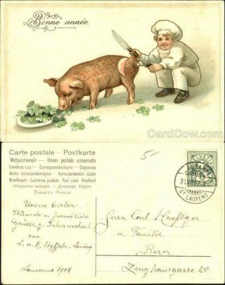 Pig 1907 Bonne Annee Antique Postcard 5 Franco Stamp Vintage Post Card