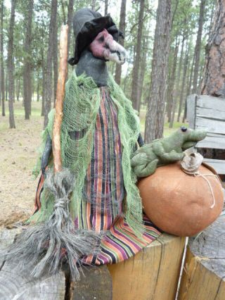 Primitive Folk Art Doll Vulture Buzzard Witch Frog And Pumpkin Halloween Fall