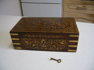 Vintage Brass Inlaid Mahogany Jewellery Box With Key (2098)