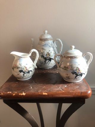 Early Antique Samurai Teapot Tea Set Eggshell Make Do Repairs Hand Painted Asian