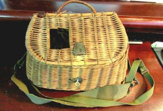 Vintage Wicker Fishing Creel Basket Woven Strap 13x6x5 "