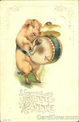 Pig Bonne Anne Antique Postcard 10c Stamp Vintage Post Card
