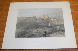 1840 Antique Color Print///the Town And Convent Of Piazza,  Sicily,  Italy