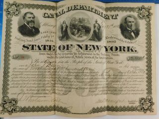 Antique 1874 State Of York 18 Year Canal Improvement Bond Sinking Fund Loan