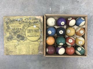 Antique Brunswick - Balke - Collender Compo - Ivory Wooden Box & Billiard Balls Set
