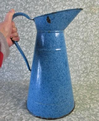 Vintage French Enamelware Pitcher Speckled Blue Enamel Watertight Antique Jug
