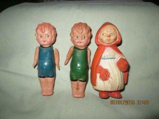 3 Antique Celluloid Dolls Green & Blue Bathing Suit Beauties & Red Riding Hood