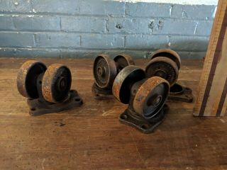 4 Large Antique Industrial Hamilton Cast Iron Double Wheel Swivel Casters