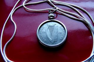 Very Fine 1928 Irish Sixpence Pendant Antique On A 18 ".  925 Silver Snake Chain