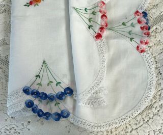 Antique Afternoon Tea Cloth,  Hand - Embroidered Flowers,  Crochet Edging